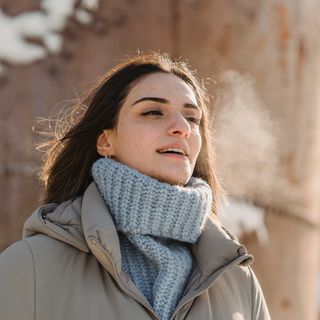 A woman breathes out cold air