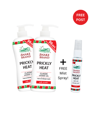 Snake Brand Prickly Heat Classic Shower Wash 450ml - Pack of 2 plus 1 Free Cooling Mist Spray